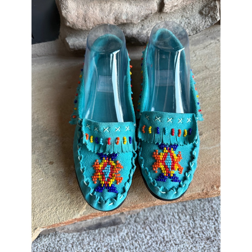 Ciao! Turquoise‎ Blue Suede Beaded Moccasins Fringe Loafers Womens Size 9B Retro